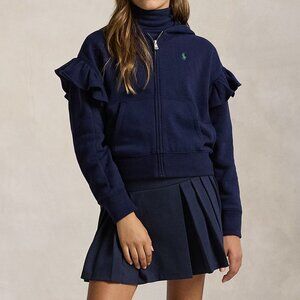 Ralph Lauren Navy  Ruffled Cute Fleece Full-Zip Hoodie NWT